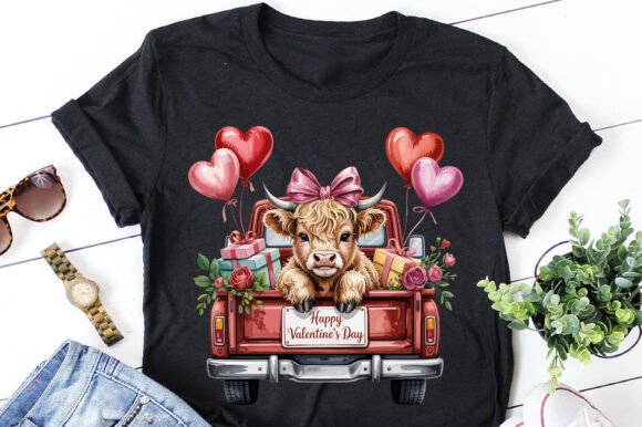 Highland Cow Red Truck Valentines Day